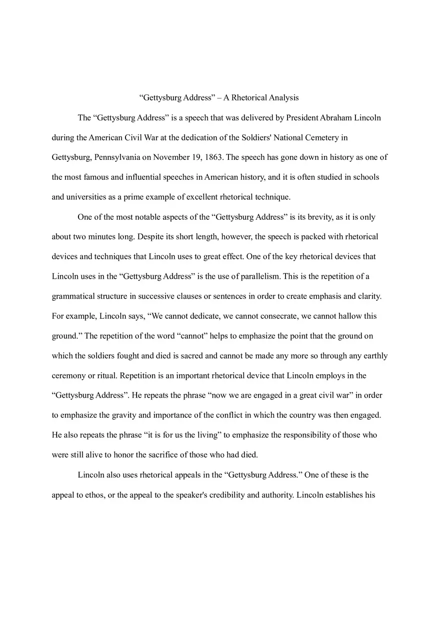 Gettysburg Address - A Rhetorical Analysis - Page 1