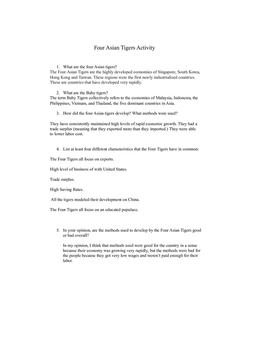 Asian Tiger Activity - Assignment for Agriculture Unit - Page 1