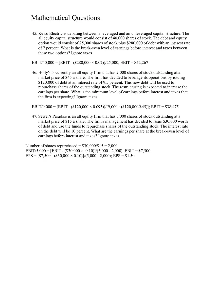 Corporate Finance and Capital Structure Concepts Questions - Page 8