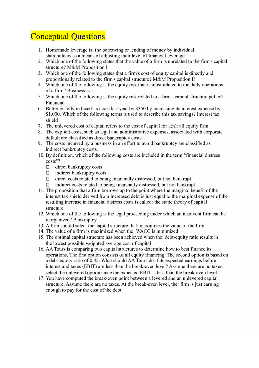 Corporate Finance and Capital Structure Concepts Questions - Page 1