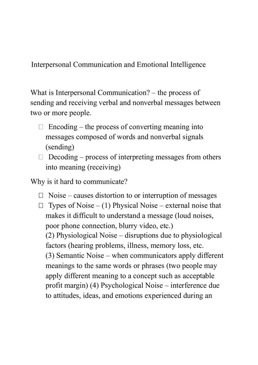 Interpersonal Communication and Emotional Intelligence Notes - Page 1