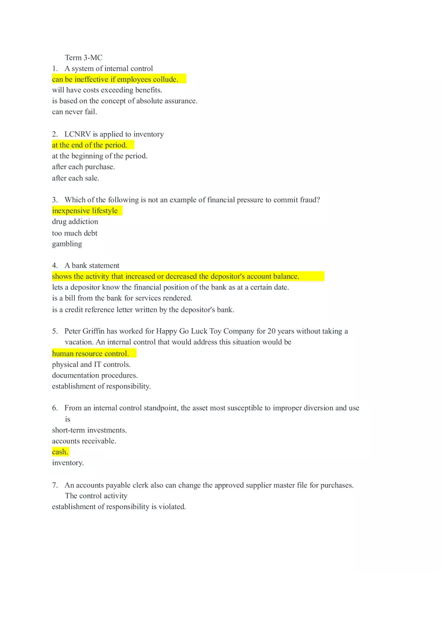 Internal Controls, Financial Fraud, and Banking Principles Quiz and Answer - Page 1