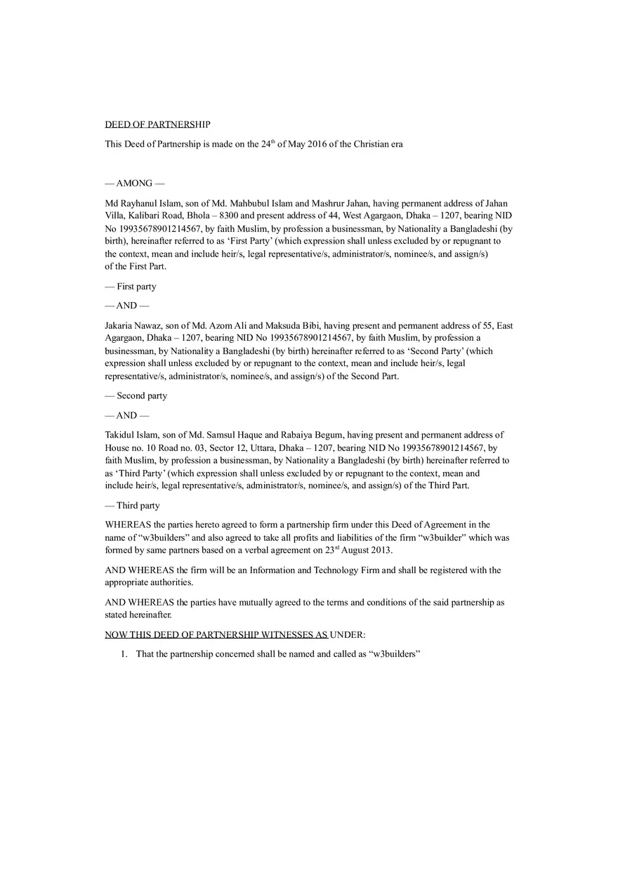 Partnership Deed Sample - Page 1