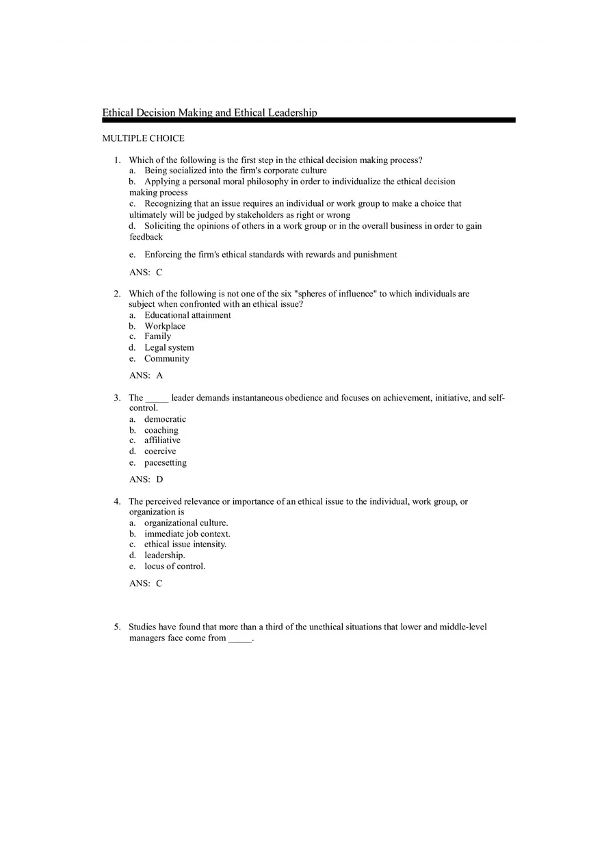 Ethical Decision Making and Ethical Leadership Answer Key - Page 1