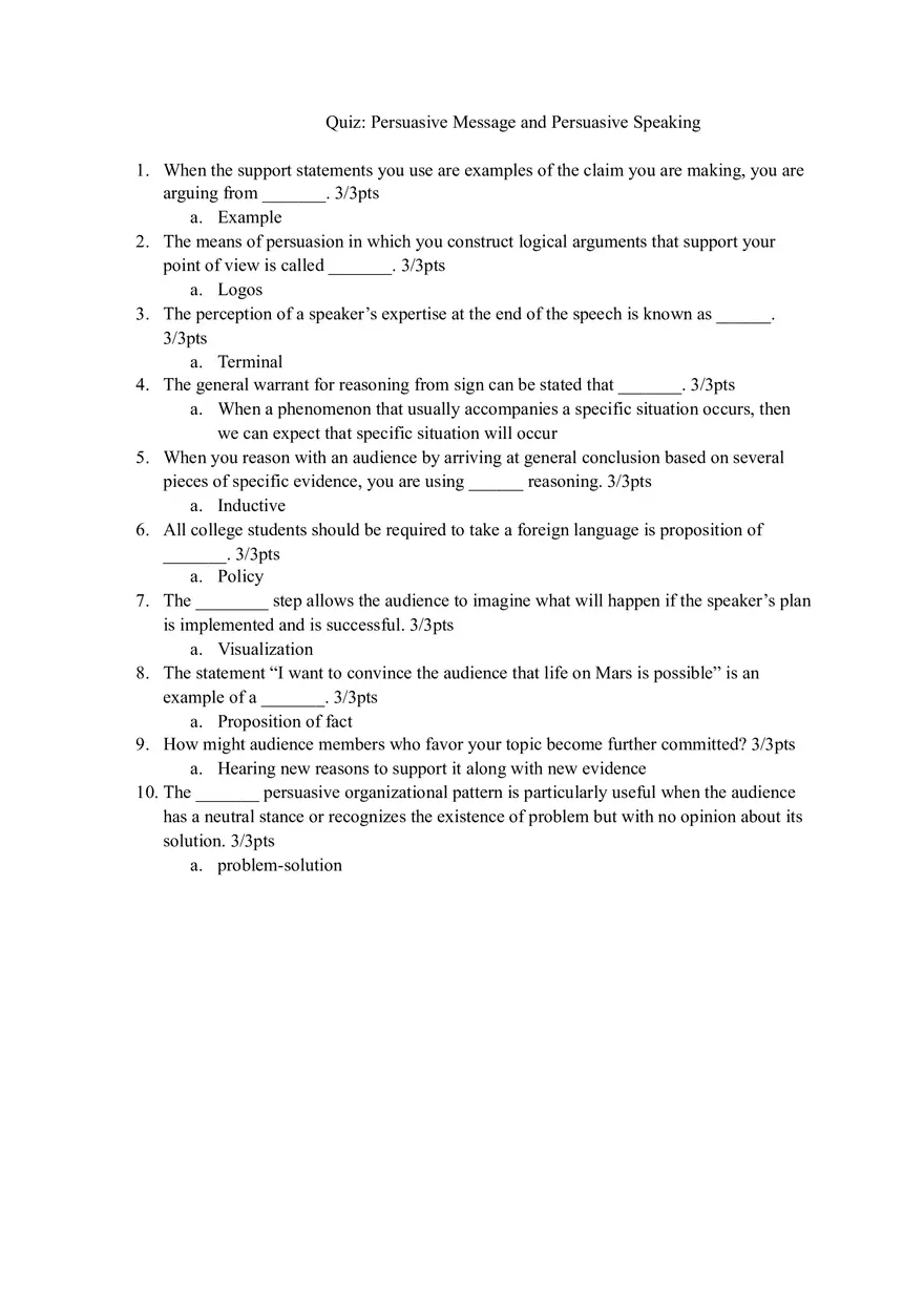 Quiz Persuasive Message and Persuasive Speaking - Page 1