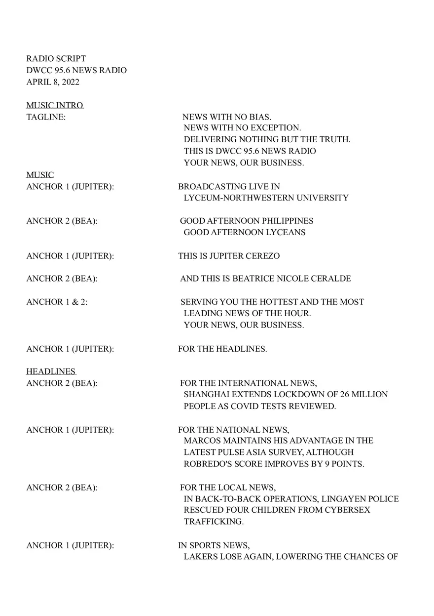 Radio Broadcasting Script - Page 1