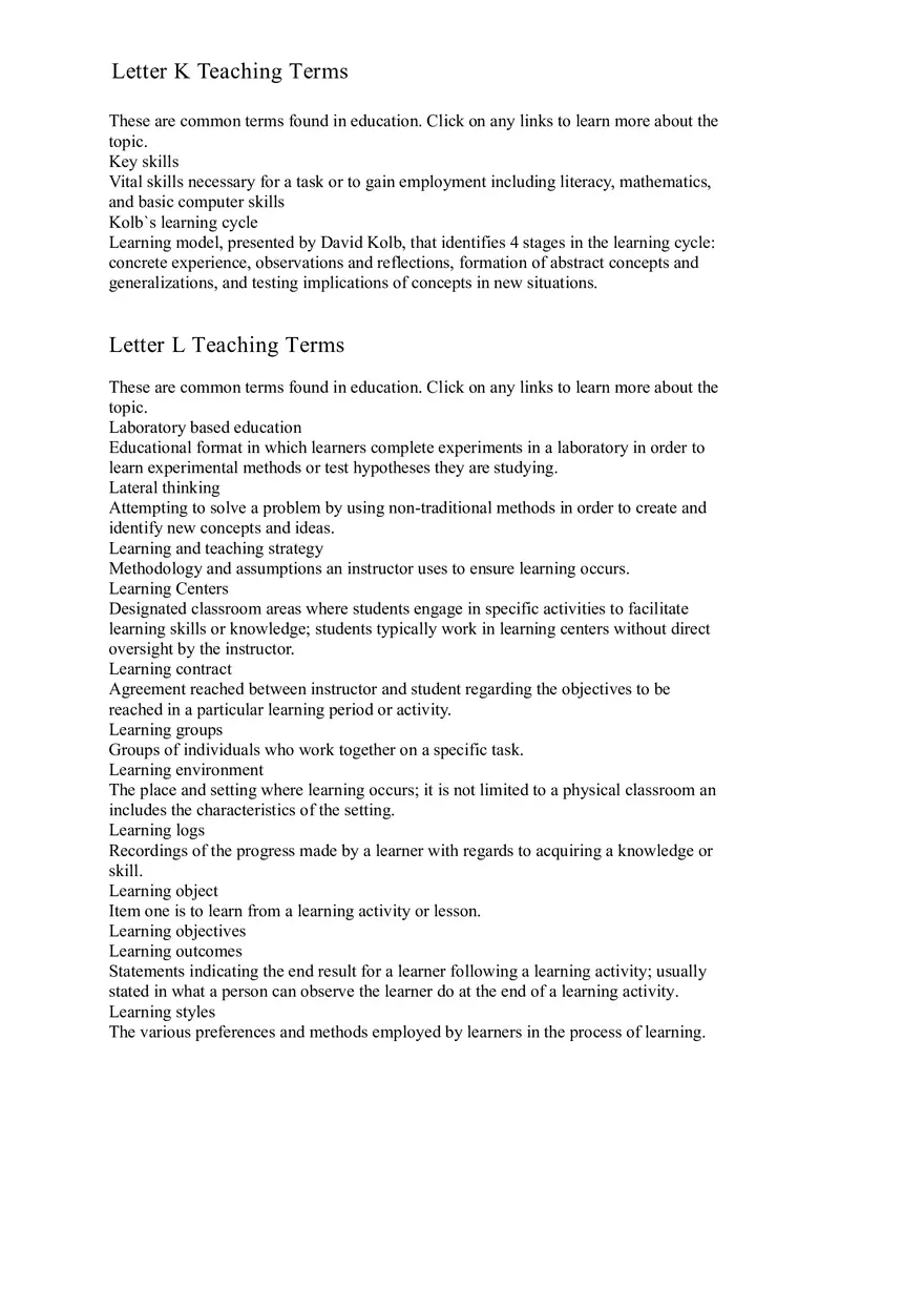 Letter K-W Teaching Terms - Page 1