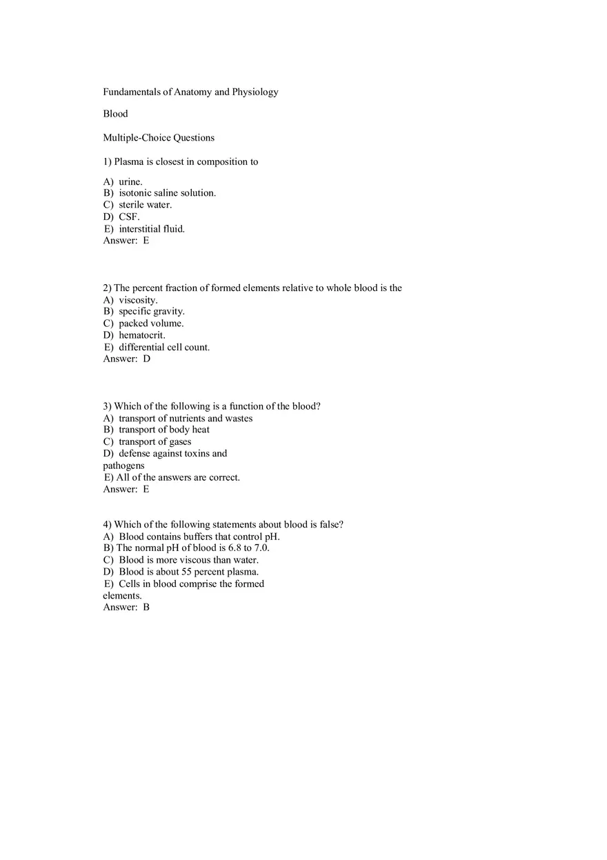 Anatomy and Physiology (Blood) Answer Key 1-40 - Page 1