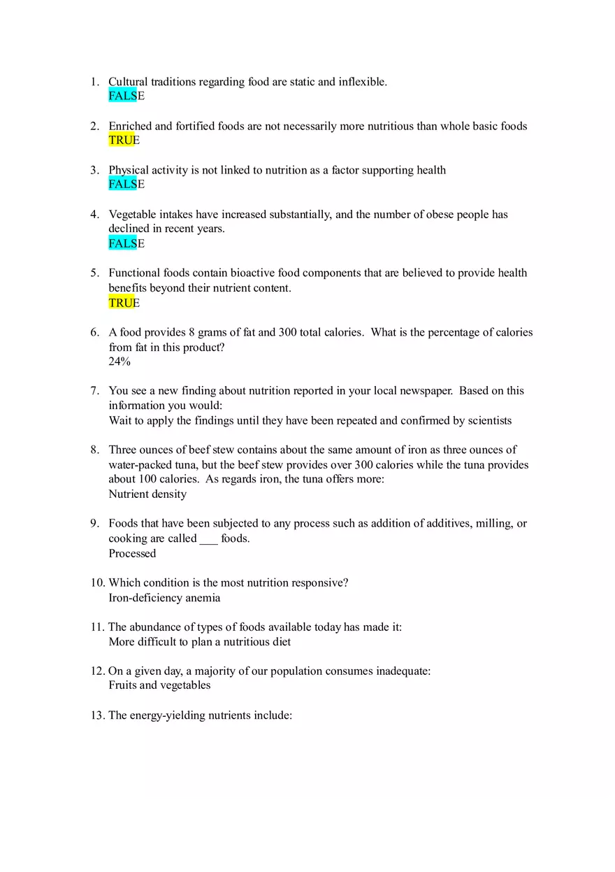 Quiz Nutrition - Study Answers - Page 1