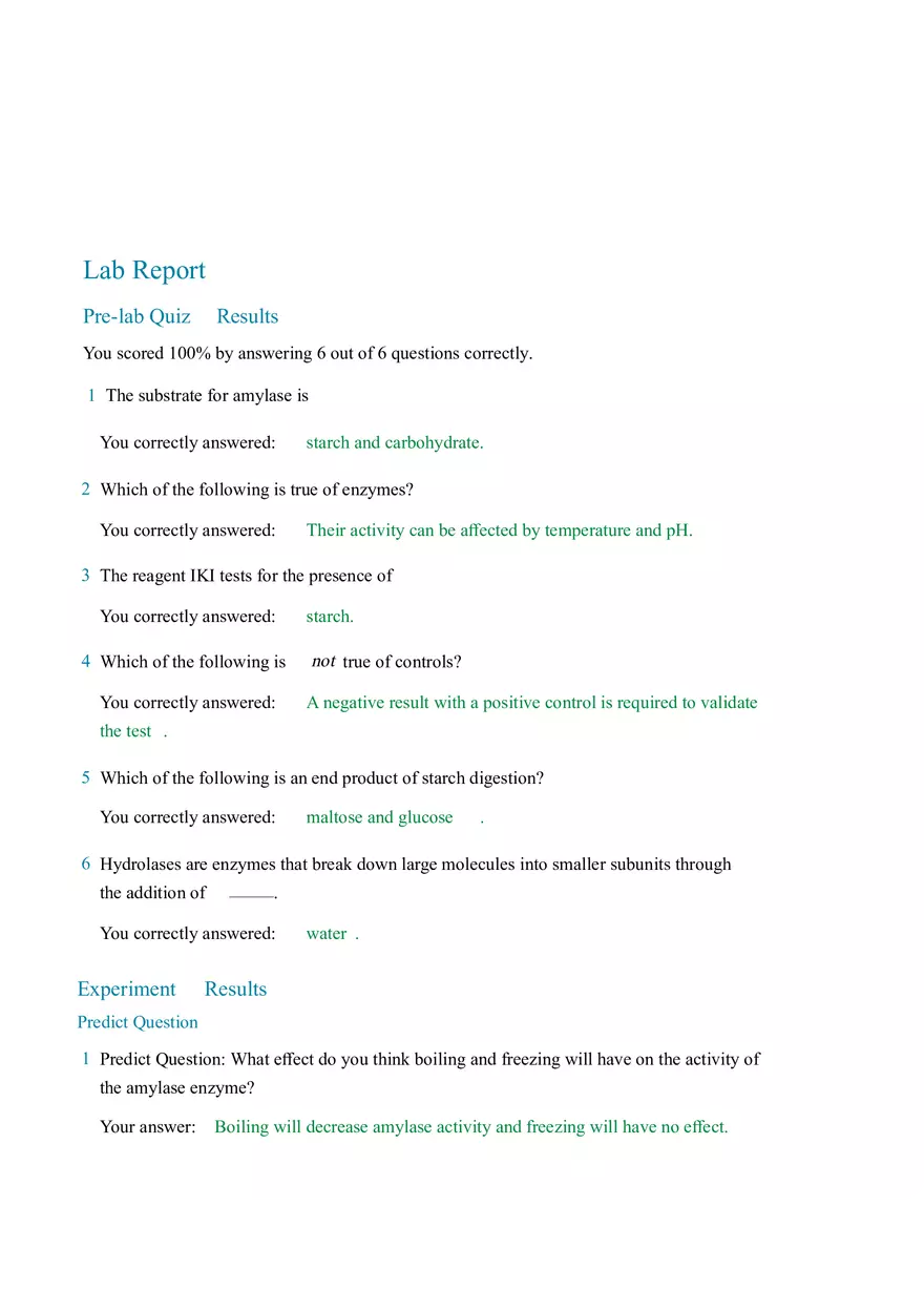 Assessing Starch Digestion by Salivary Amylase Answers - Page 1
