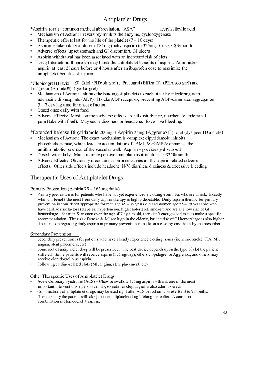 Clinical Pharmacology Study Guide (Antiplatelet Drugs) - Page 1