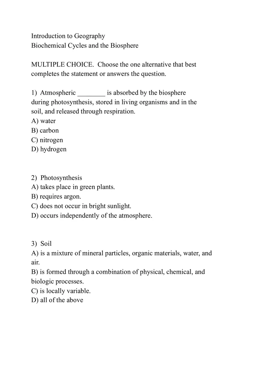 Biochemical Cycles and the Biosphere (Assignment) - Page 1