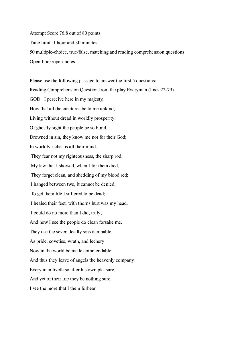 Reading Comprehension Question from the play Everyman - Page 1