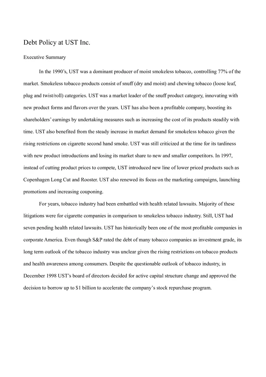 Debt Policy at UST Inc - Page 1