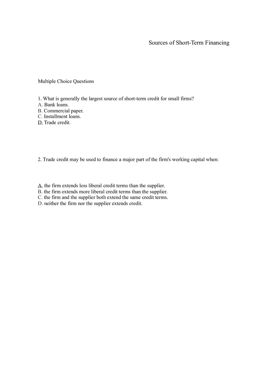 Sources of Short-Term Financing Answer Key 1 - Page 1