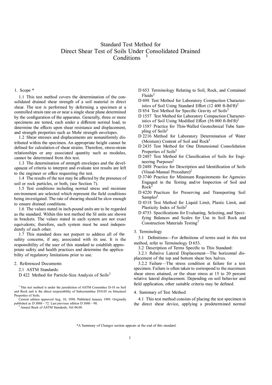 Standard Test Method for Direct Shear Test of Soils Under Consolidated Drained Conditions - Page 1