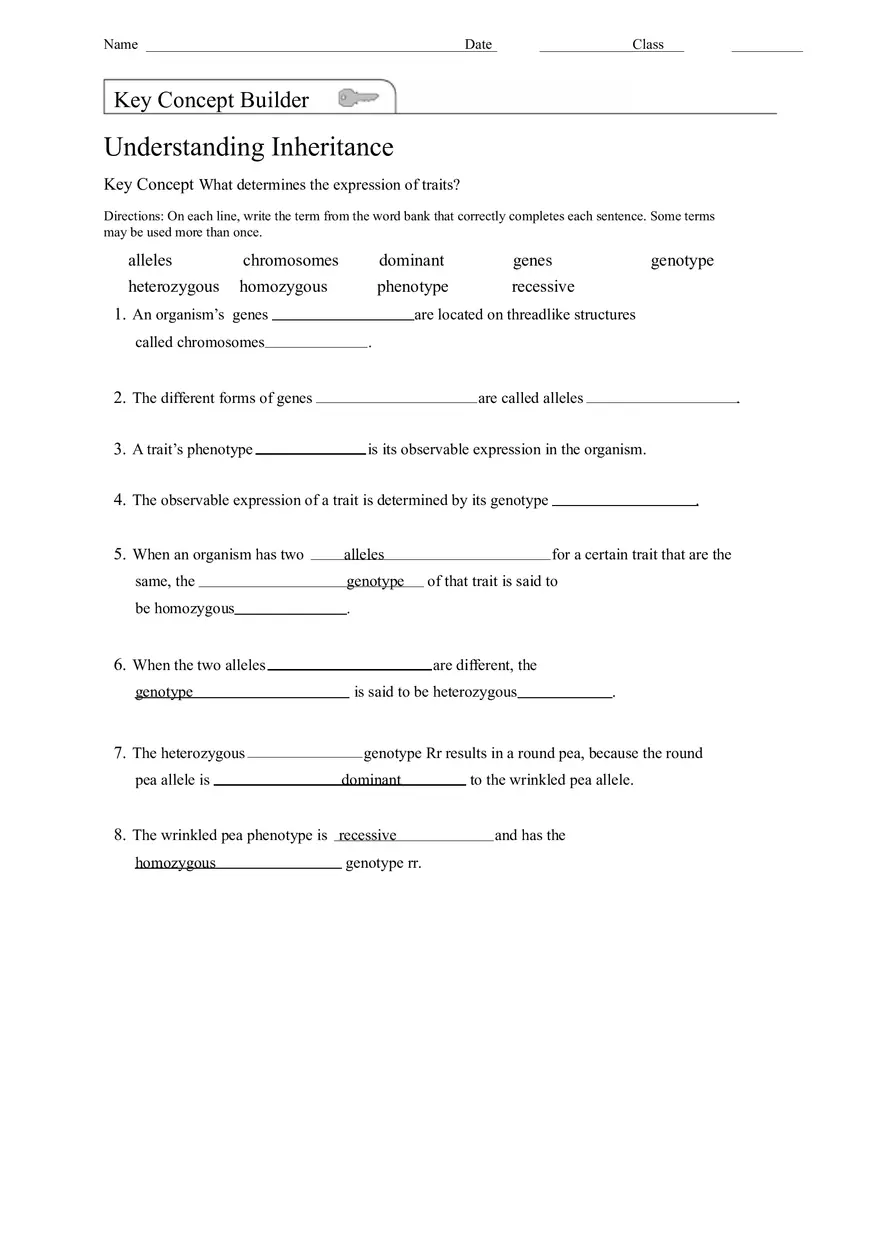 Understanding Inheritance Lesson Outline Answers - Page 1