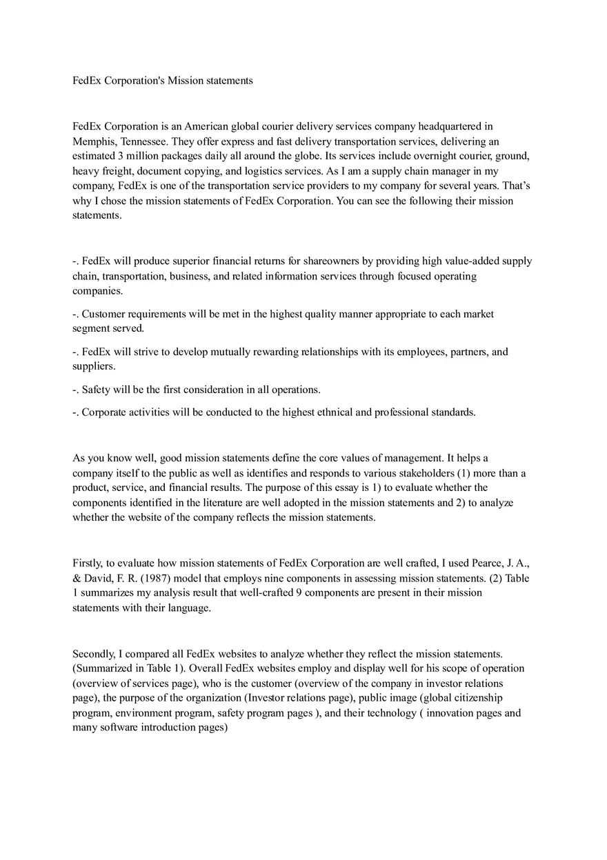 FedEx Corporation's Mission Statements - Page 1