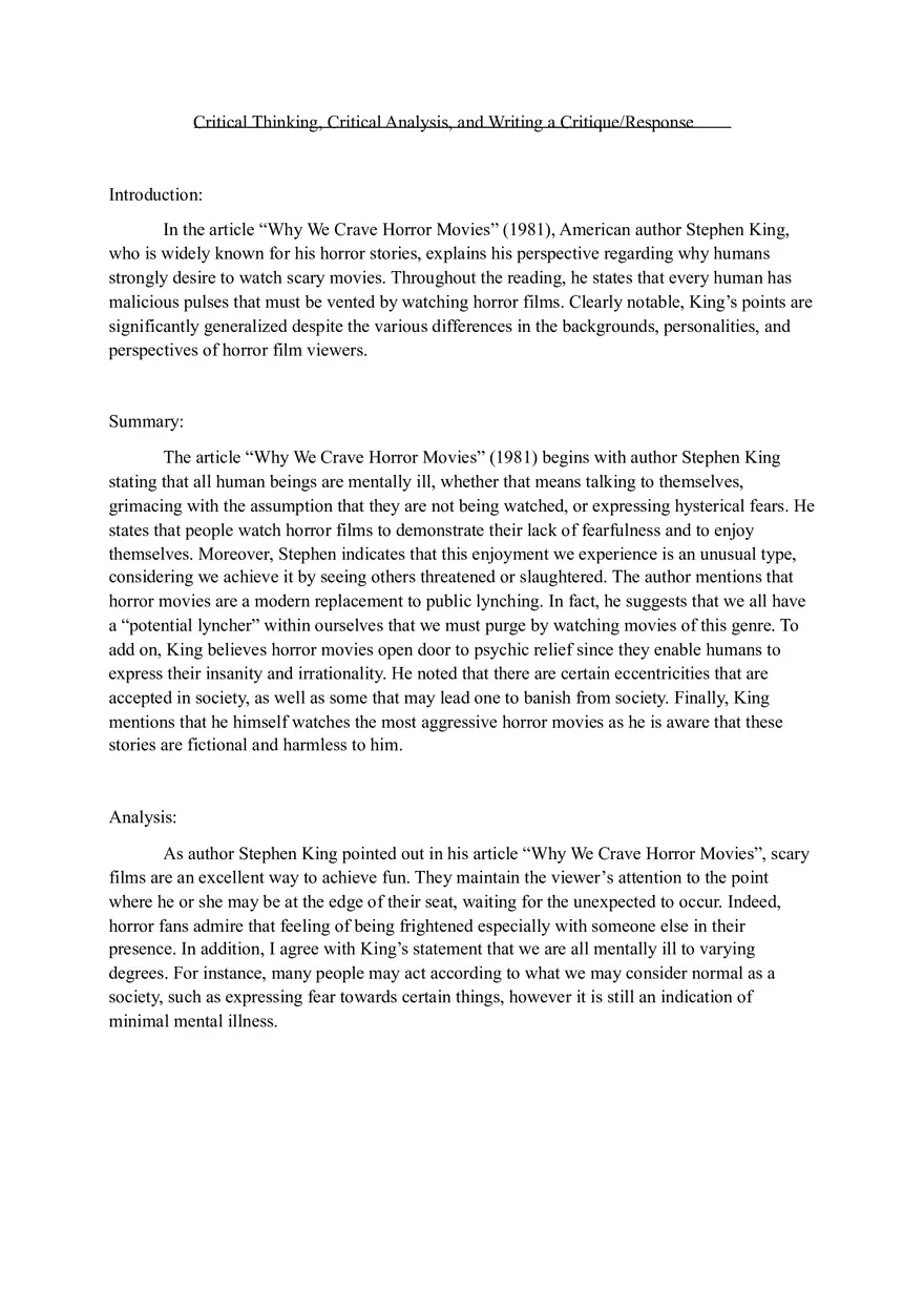 Why We Crave Horror Movies - Summary Critique Essay - Page 1