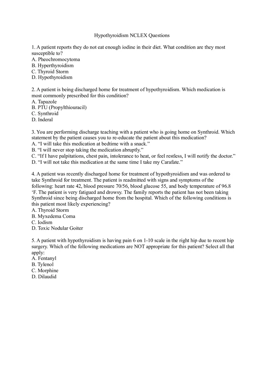 Hypothyroidism Nclex Questions Without Answers - Page 1