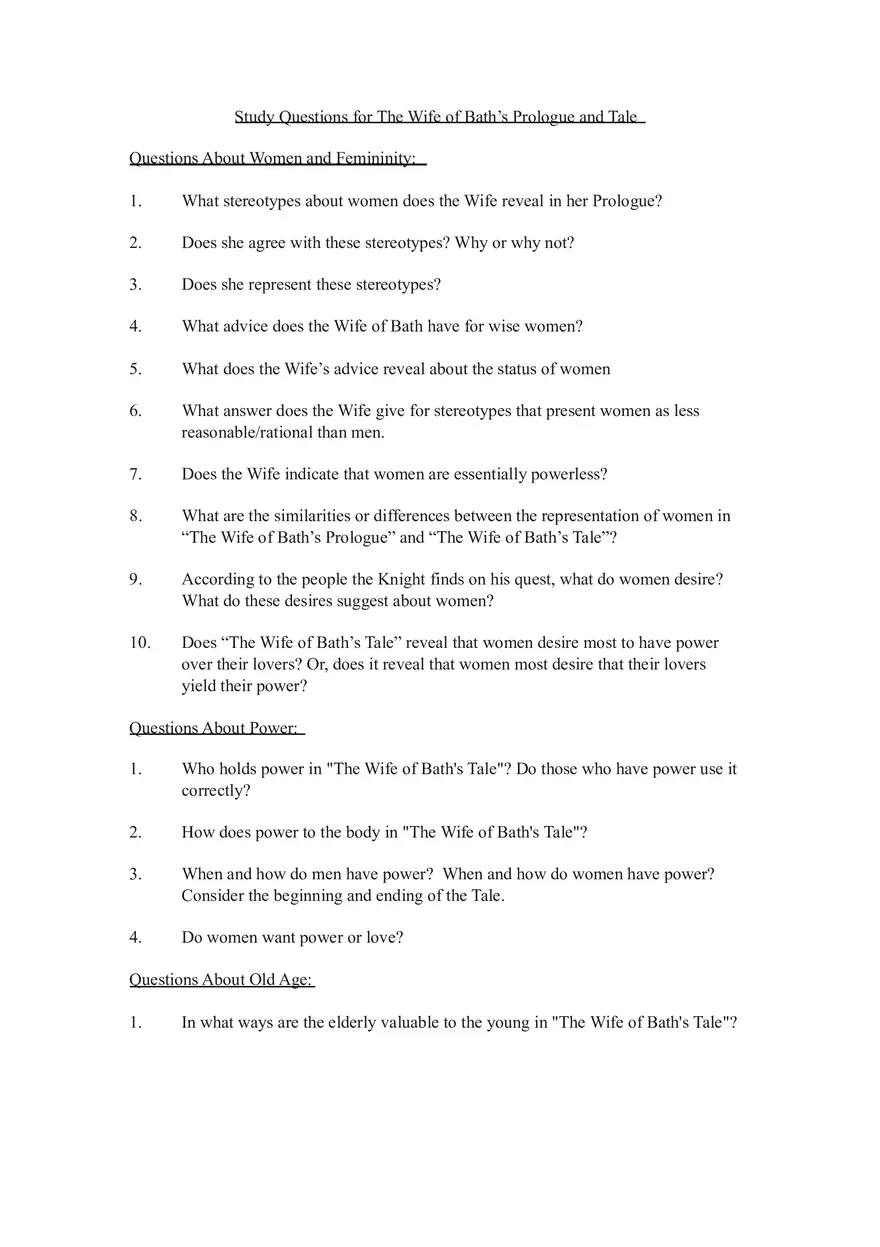 Study Questions for The Wife of Bath’s Prologue and Tale - Page 1