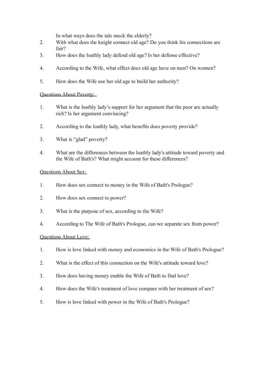 Study Questions for The Wife of Bath’s Prologue and Tale - Page 2