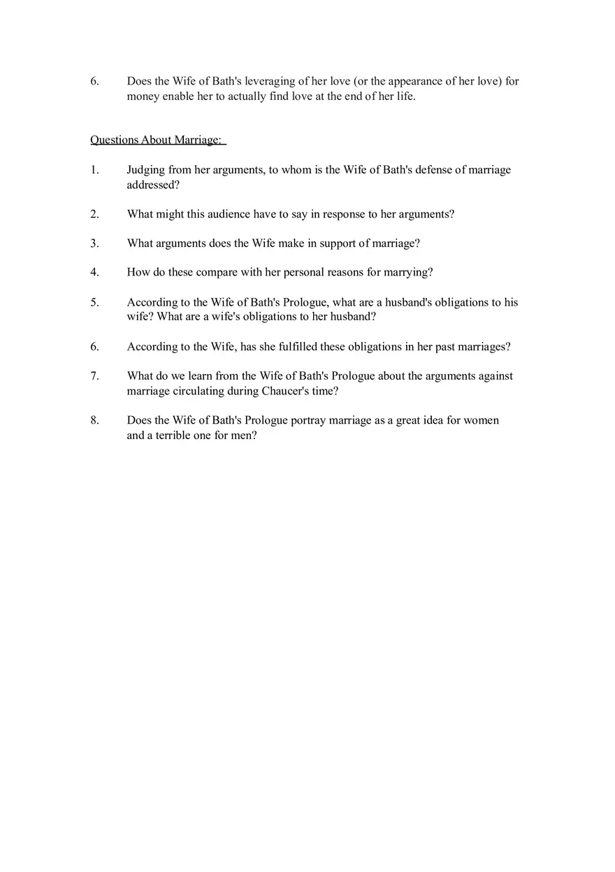 Study Questions for The Wife of Bath’s Prologue and Tale - Page 3