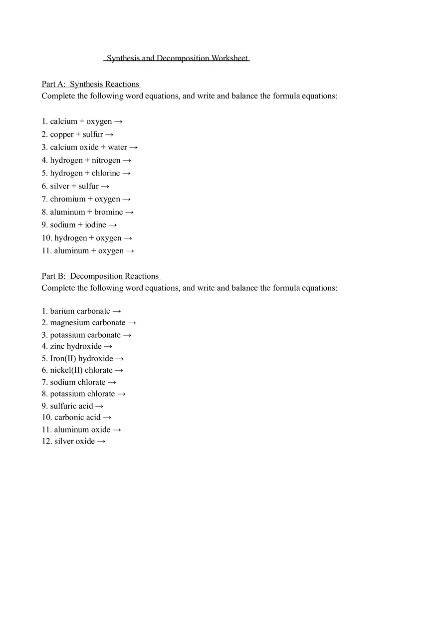Synthesis and Decomposition Worksheet - Page 1