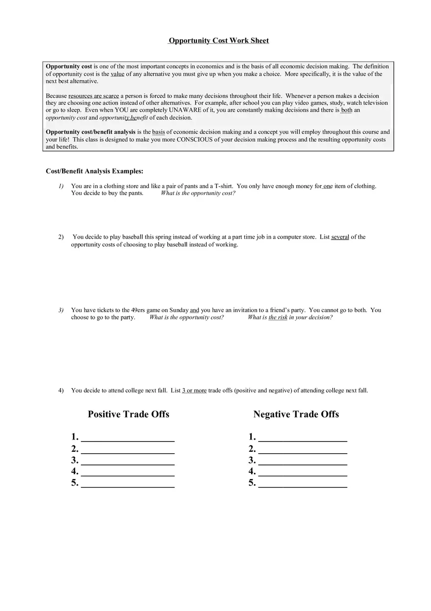Opportunity Cost Work Sheet - Page 1