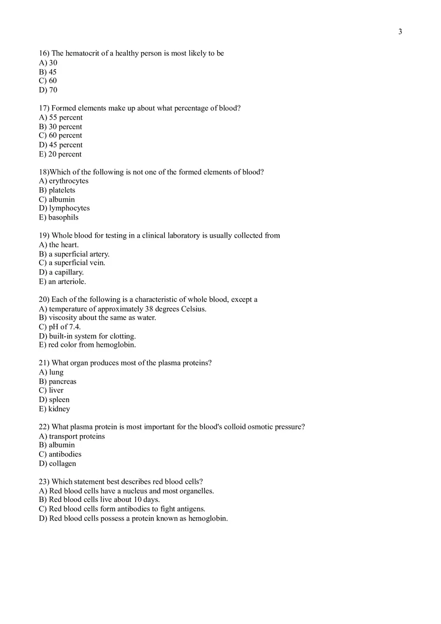 Practice Test Questions for Chapter 17 on Blood - Page 9