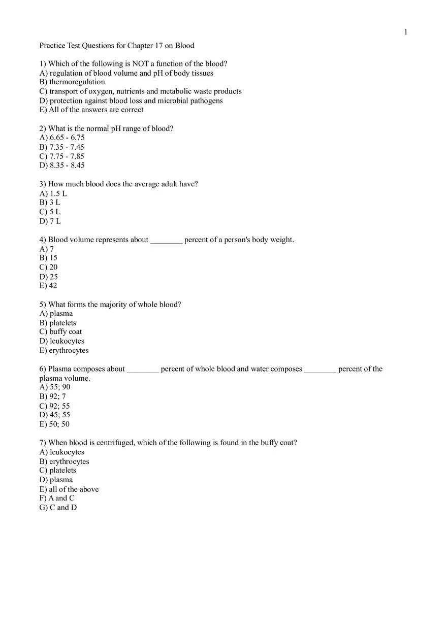 Practice Test Questions for Chapter 17 on Blood - Page 1