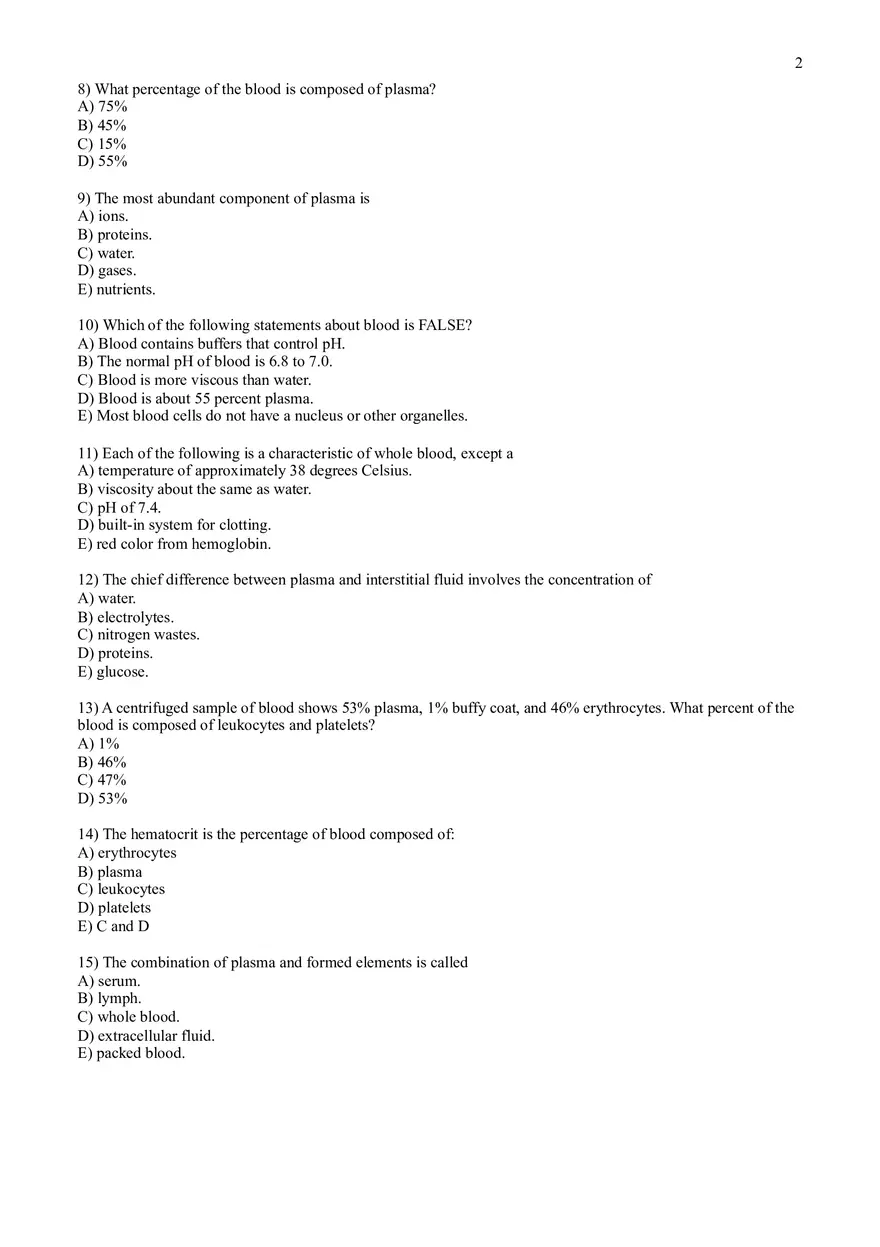 Practice Test Questions for Chapter 17 on Blood - Page 2