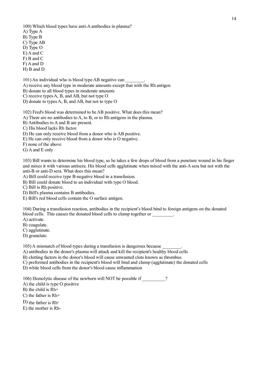 Practice Test Questions for Chapter 17 on Blood - Page 6