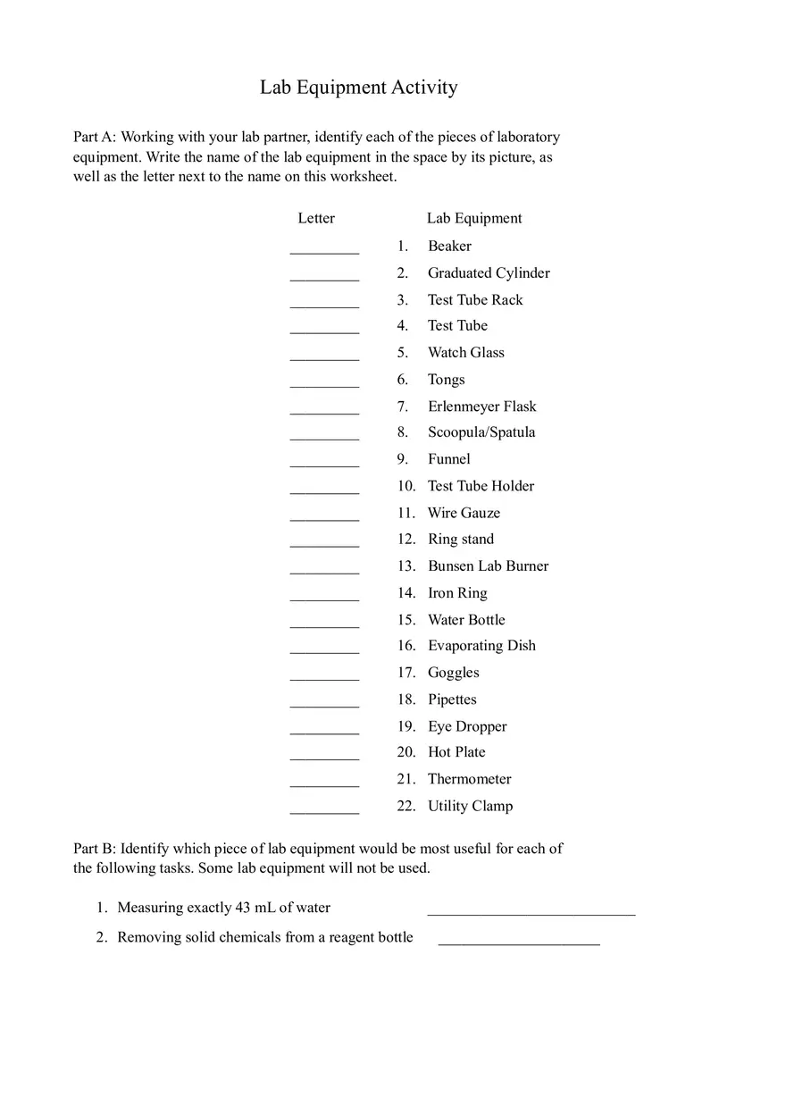 Lab Equipment Activity - Page 1
