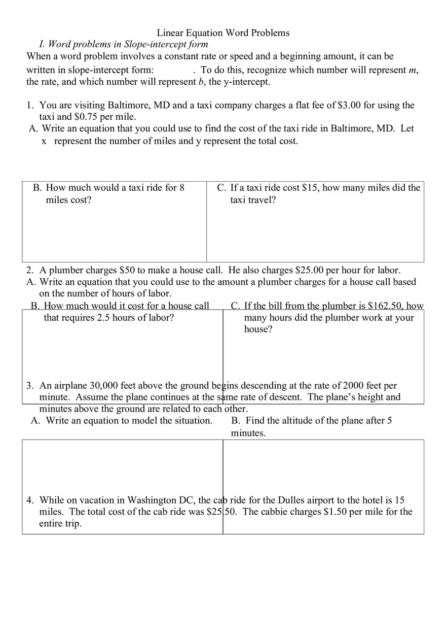 Linear Equation Word Problems - Page 1