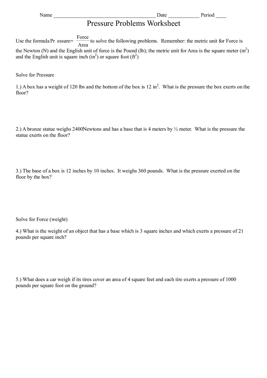 Pressure Problems Worksheet - Page 1