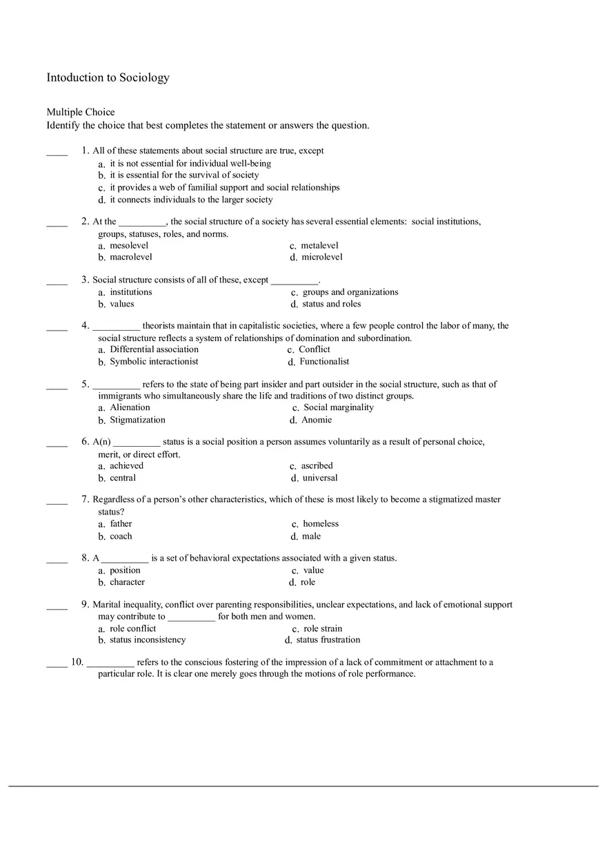 Intoduction to Sociology 100 Questions - Page 1