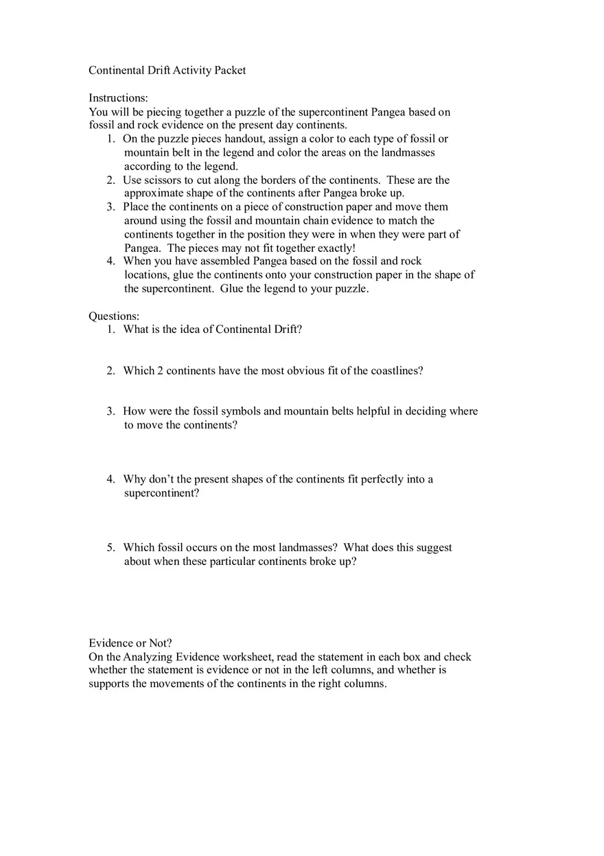 Continental Drift Activity Packet - Page 1