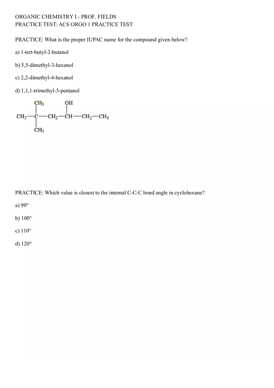 Organic Chemistry Test Part 1 - Page 1