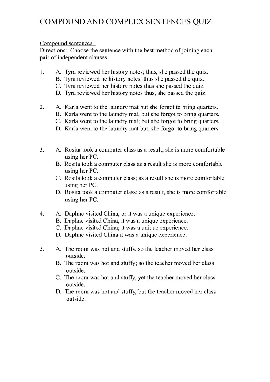Compound and Complex Sentences Quiz - Page 1