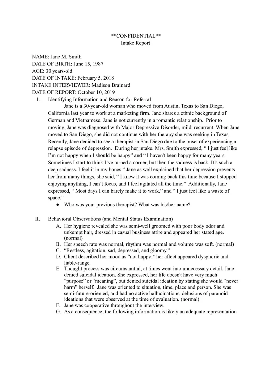 Psychological Intake Assessment Jane's Case of Major Depressive Disorder - Page 1