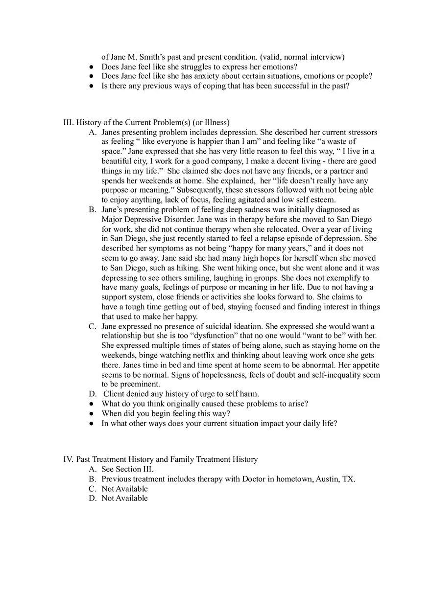 Psychological Intake Assessment Jane's Case of Major Depressive Disorder - Page 2