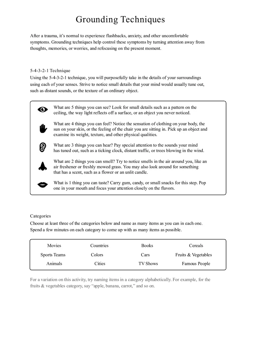 Grounding Techniques for Trauma Recovery Worksheet - Page 1