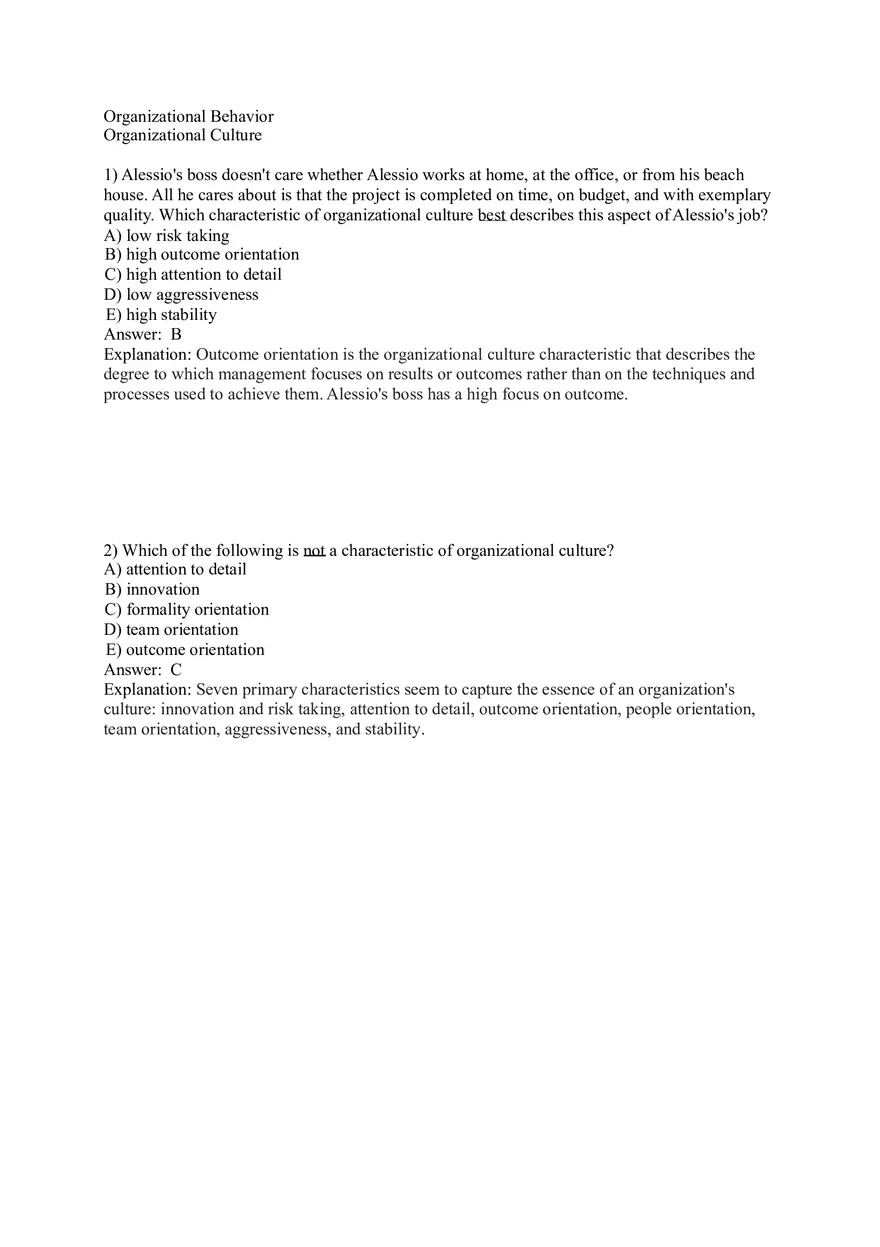 Organizational Behavior (Organizational Culture) Answer Key Part 1 - Page 1