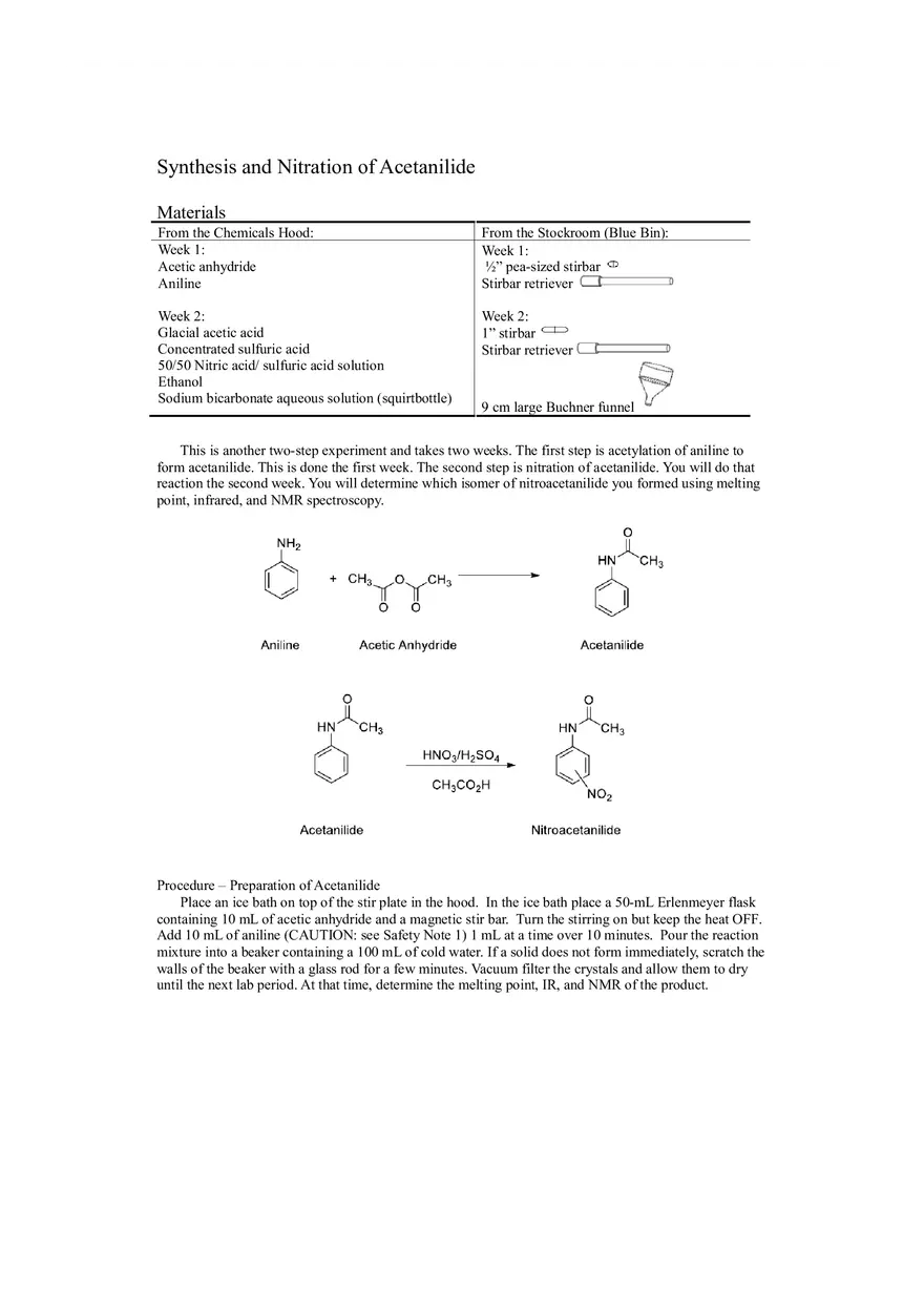 Synthesis and Nitration of Acetanilide - Lab Report - Page 1