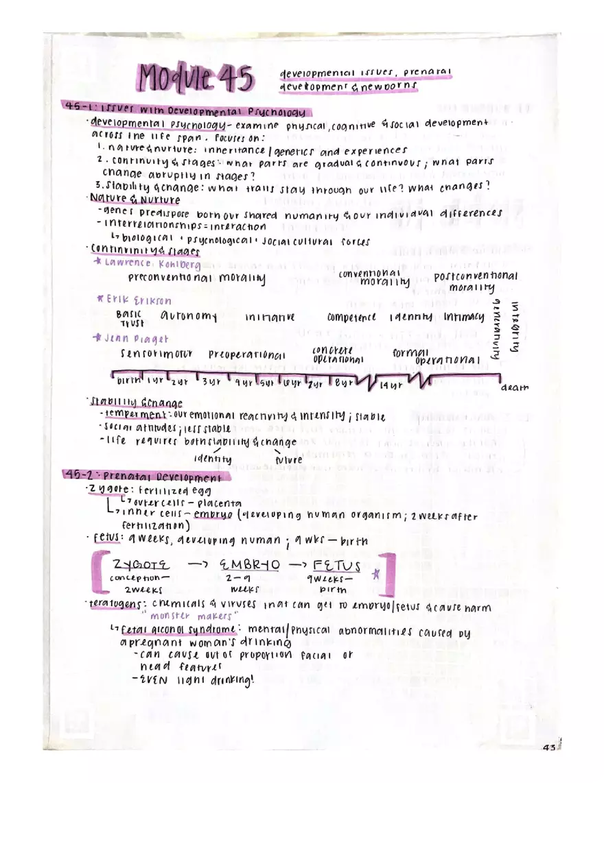 Psychology Module 45 - Developmental Issues, Prenatal Development, and Newborns - Page 1