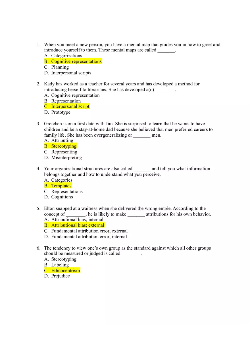 Cognitive Representations and Interpersonal Scripts Questions And Answers - Page 1