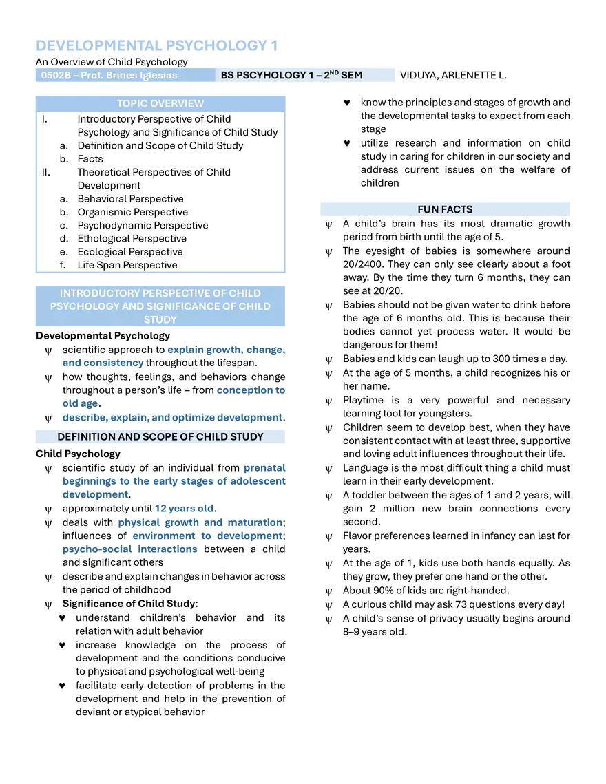 Child Psychology (Developmental Psychology 1) - Page 1