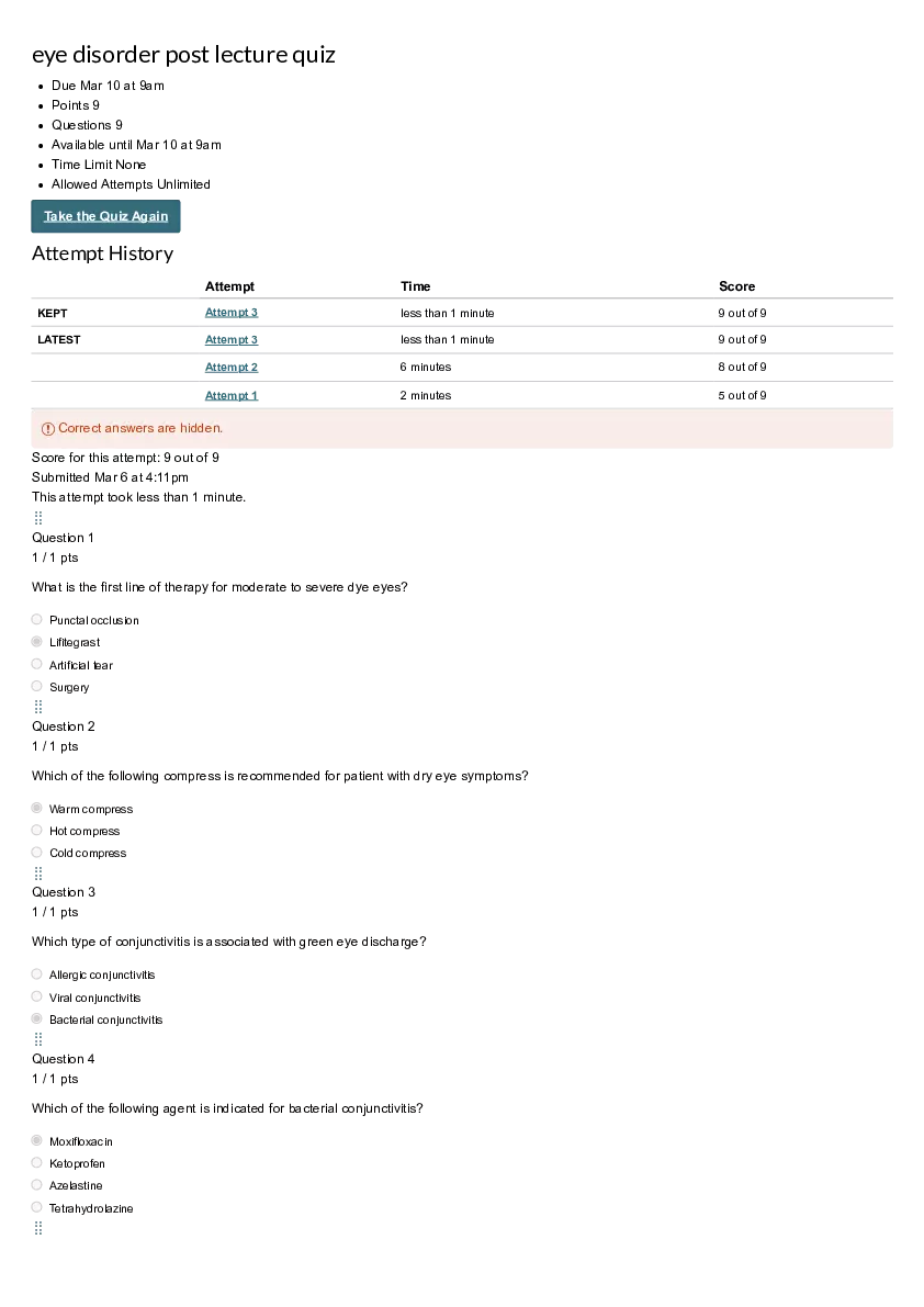 Eye Disorder Post Lecture Quiz - Page 1