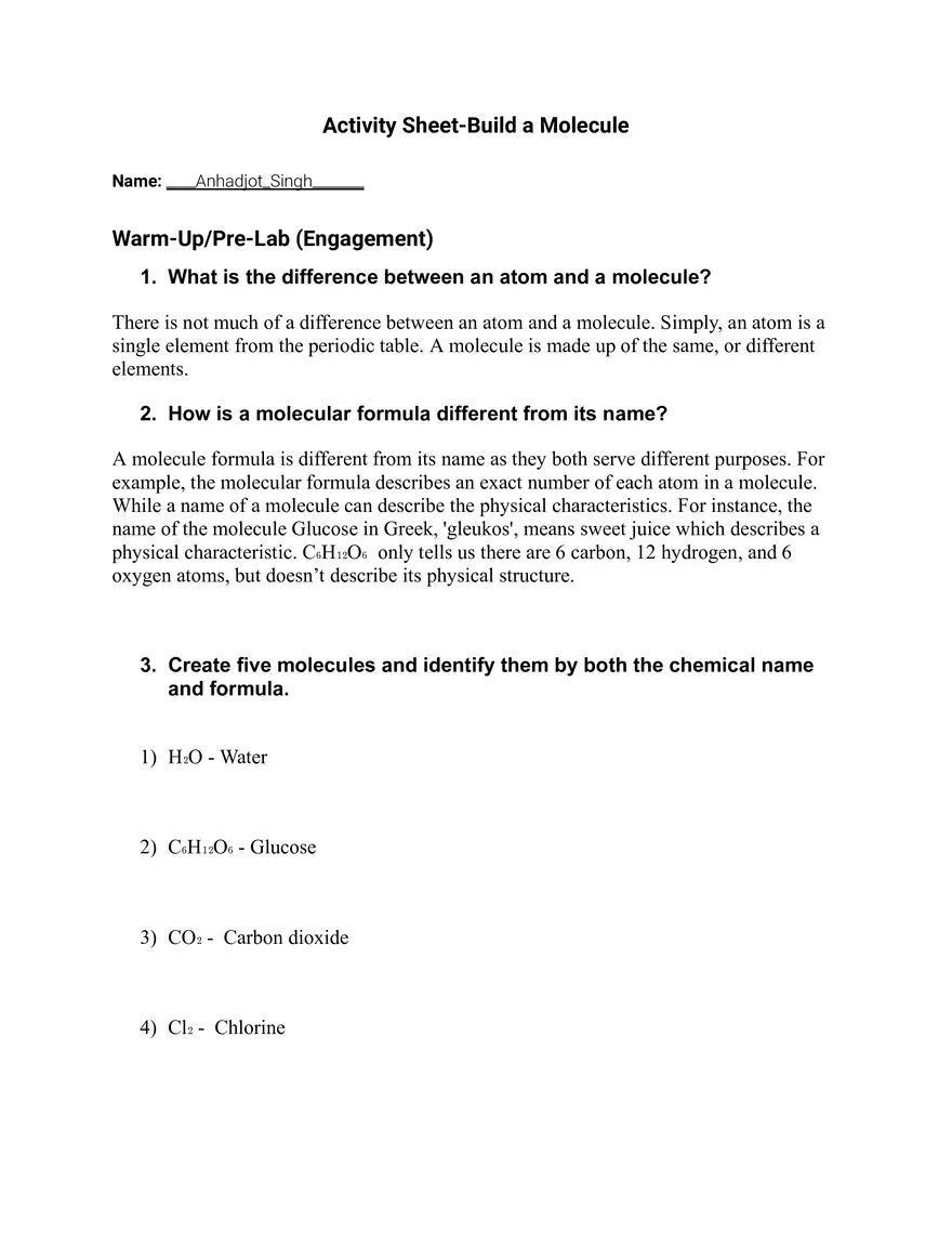 Student Activity - Sheet-Build a Molecule - Page 1